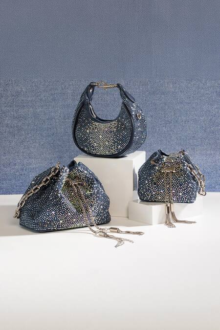 Shop_House Of Bio_Blue Crystals Denim Mini Potli Bag  _Online_at_Aza_Fashions