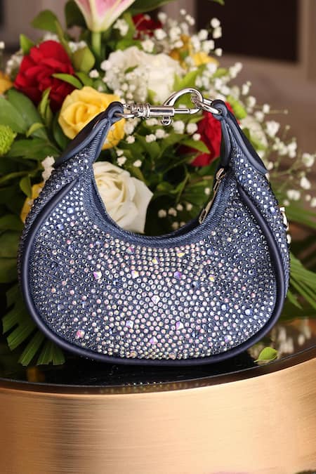 Buy_House Of Bio_Blue Crystals Mehfil Denim Moon Bag _Online_at_Aza_Fashions