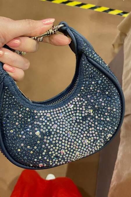 Shop_House Of Bio_Blue Crystals Mehfil Denim Moon Bag _Online_at_Aza_Fashions