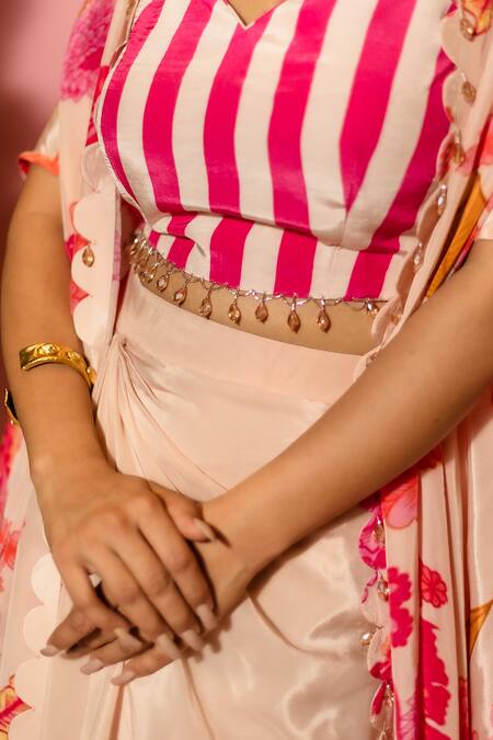 Meher By Islie Pink Crepe Beads V-neck Printed Skirt Set With Cape Online at Aza Fashions Meher By Islie_Pink Crepe Beads V-neck Printed Skirt Set With Cape _Online_at_Aza_Fashions