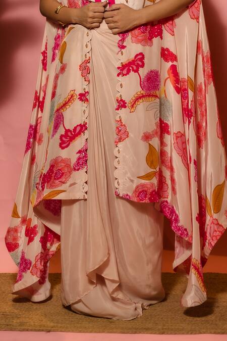 Buy Meher By Islie Pink Crepe Beads V-neck Printed Skirt Set With Cape Online at Aza Fashions Buy_Meher By Islie_Pink Crepe Beads V-neck Printed Skirt Set With Cape _Online_at_Aza_Fashions