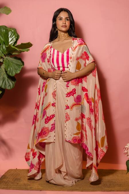 Shop Meher By Islie Pink Crepe Beads V-neck Printed Skirt Set With Cape Online at Aza Fashions Shop_Meher By Islie_Pink Crepe Beads V-neck Printed Skirt Set With Cape _Online_at_Aza_Fashions