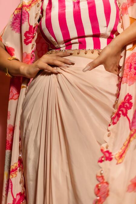 Meher By Islie Pink Crepe Beads V-neck Printed Skirt Set With Cape at Aza Fashions Meher By Islie_Pink Crepe Beads V-neck Printed Skirt Set With Cape _at_Aza_Fashions