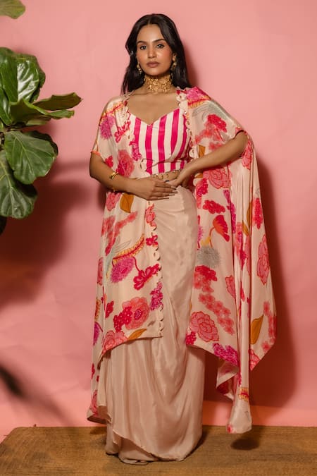 Meher By Islie Pink Crepe Beads V-neck Printed Skirt Set With Cape 