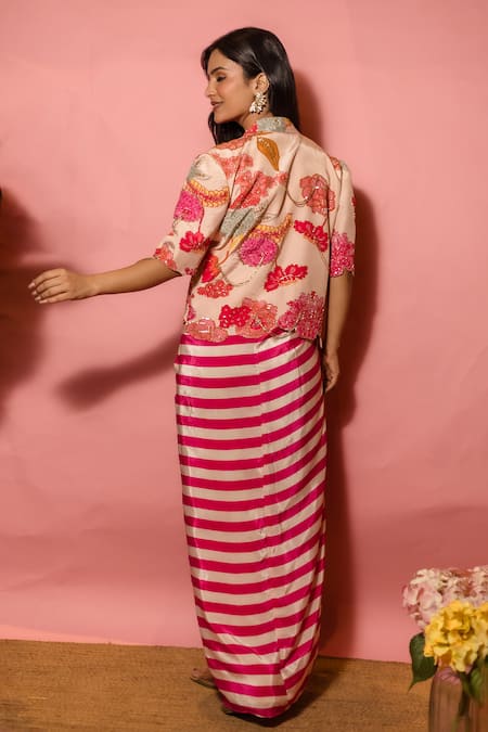 Shop Meher By Islie Pink Crepe Embroidery V-neck Printed Hand Skirt Set at Aza Fashions Shop_Meher By Islie_Pink Crepe Embroidery V-neck Printed Hand Skirt Set _at_Aza_Fashions