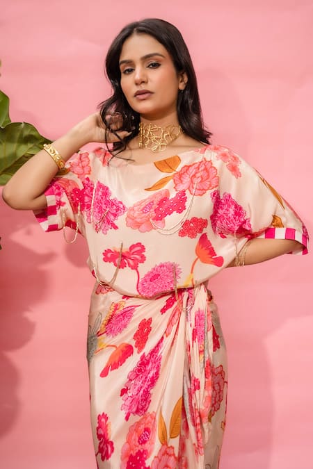 Meher By Islie Pink Crepe Round Neck Printed Dress With Slip at Aza Fashions Meher By Islie_Pink Crepe Round Neck Printed Dress With Slip _at_Aza_Fashions
