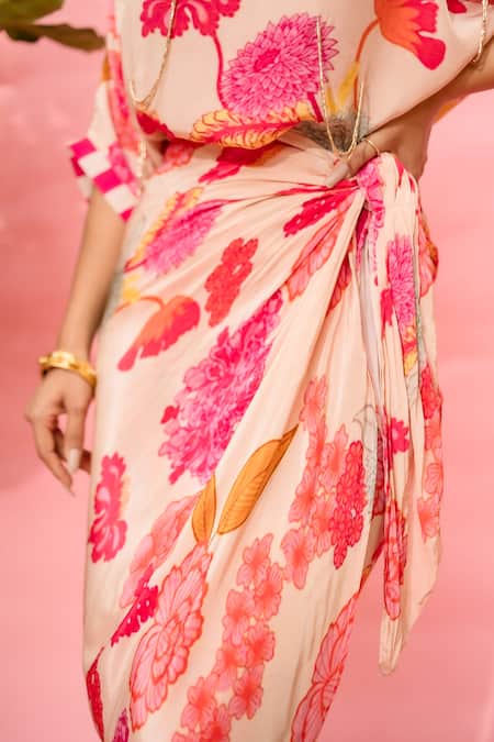 Buy Meher By Islie Pink Crepe Round Neck Printed Dress With Slip Buy_Meher By Islie_Pink Crepe Round Neck Printed Dress With Slip