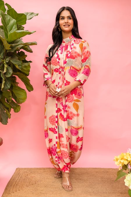 Meher By Islie Pink Crepe Tassels High Neck Printed Designer Jumpsuit 