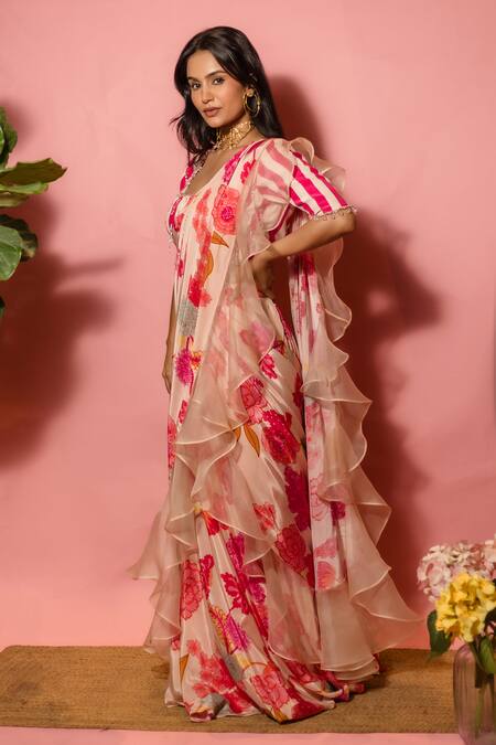 Meher By Islie_Pink Crepe Tassels Square Neck Printed Pre-draped Saree With Blouse _Online_at_Aza_Fashions