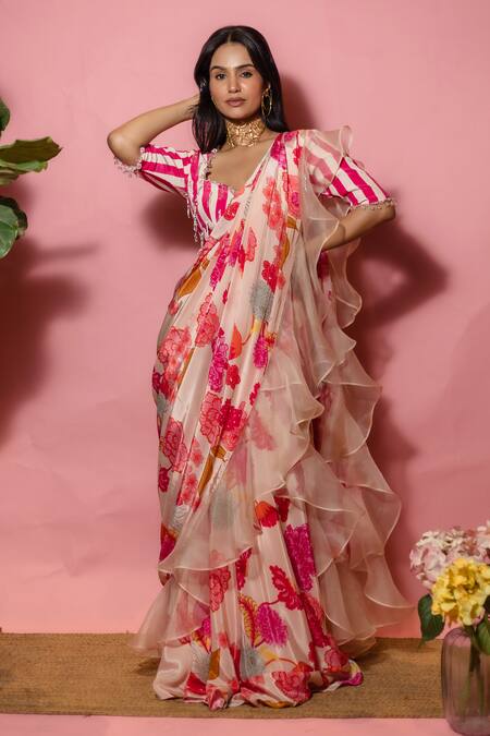 Shop_Meher By Islie_Pink Crepe Tassels Square Neck Printed Pre-draped Saree With Blouse _Online_at_Aza_Fashions