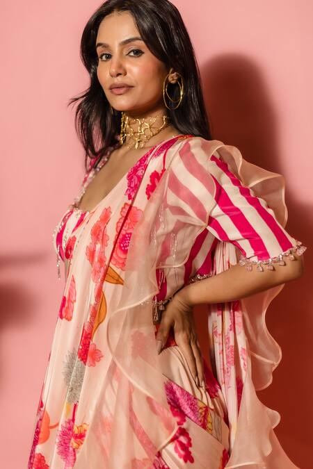 Meher By Islie_Pink Crepe Tassels Square Neck Printed Pre-draped Saree With Blouse _at_Aza_Fashions