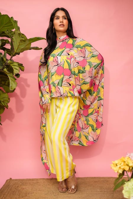 Meher By Islie Yellow Crepe High Neck Floral Printed Cape And Pant Set 