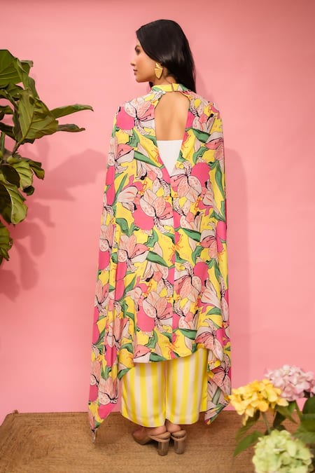 Shop Meher By Islie Yellow Crepe High Neck Floral Printed Cape And Pant Set at Aza Fashions Shop_Meher By Islie_Yellow Crepe High Neck Floral Printed Cape And Pant Set _at_Aza_Fashions