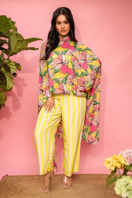 Meher By Islie Yellow Crepe High Neck Floral Printed Cape And Pant Set Online at Aza Fashions Meher By Islie_Yellow Crepe High Neck Floral Printed Cape And Pant Set _Online_at_Aza_Fashions