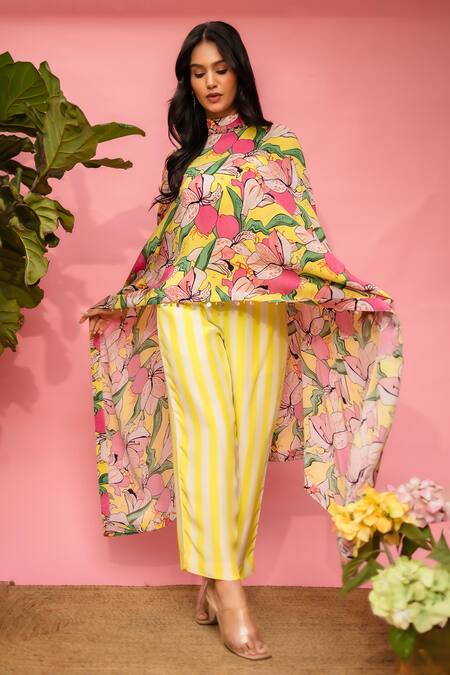 Buy Meher By Islie Yellow Crepe High Neck Floral Printed Cape And Pant Set Online at Aza Fashions Buy_Meher By Islie_Yellow Crepe High Neck Floral Printed Cape And Pant Set _Online_at_Aza_Fashions