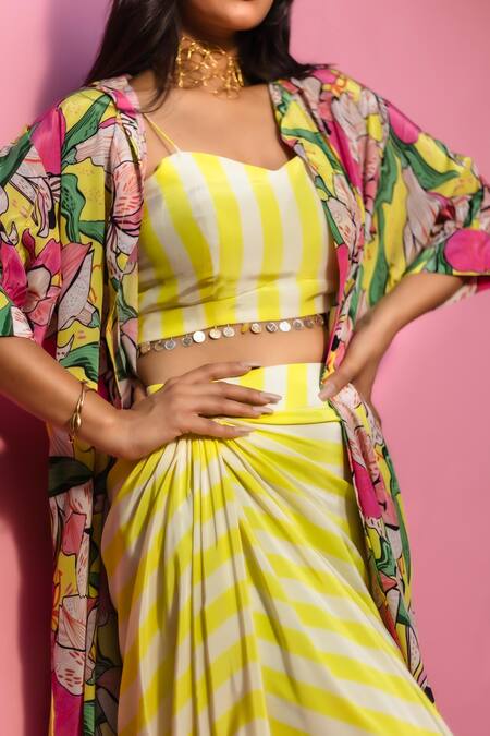 Meher By Islie Yellow Crepe Square Neck Printed Skirt Set With Cape at Aza Fashions Meher By Islie_Yellow Crepe Square Neck Printed Skirt Set With Cape _at_Aza_Fashions