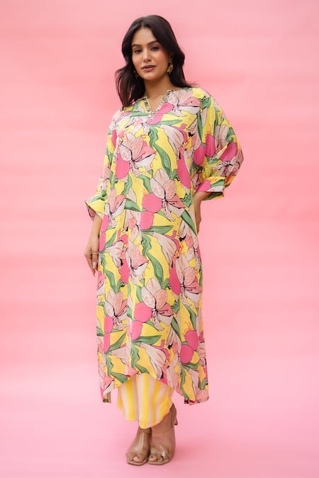 Meher By Islie Yellow Crepe Embroidery Split V-neck Floral Printed Kaftan Set 