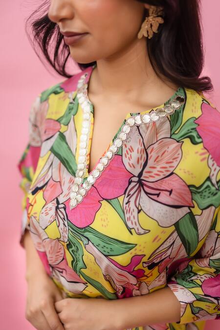 Shop_Meher By Islie_Yellow Crepe Embroidery Split V-neck Floral Printed Kaftan Set _Online_at_Aza_Fashions