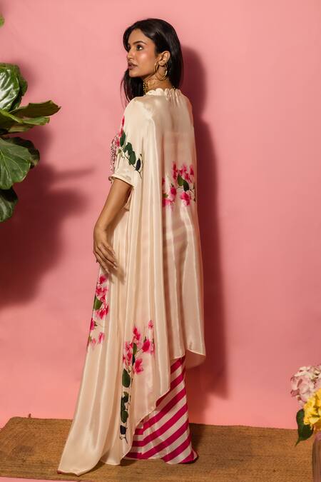 Meher By Islie_Pink Crepe Sequins Square , Open Printed Dress With Cape _Online_at_Aza_Fashions