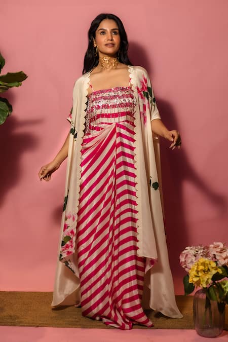 Meher By Islie Pink Crepe Sequins Square , Open Printed Dress With Cape 