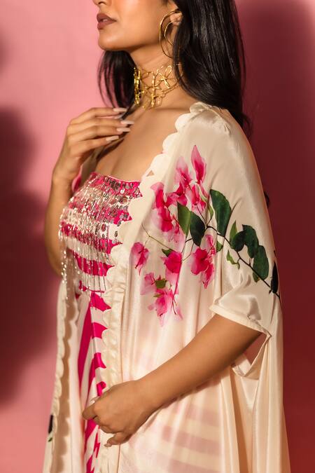 Buy_Meher By Islie_Pink Crepe Sequins Square , Open Printed Dress With Cape 