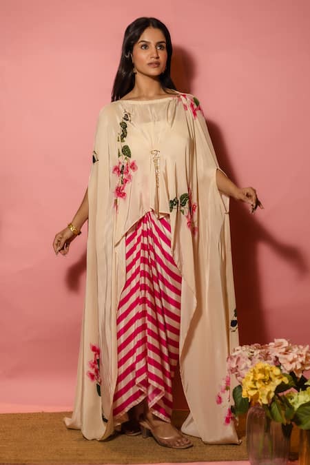 Meher By Islie Pink Crepe Round Neck Printed And Cream Skirt Set 