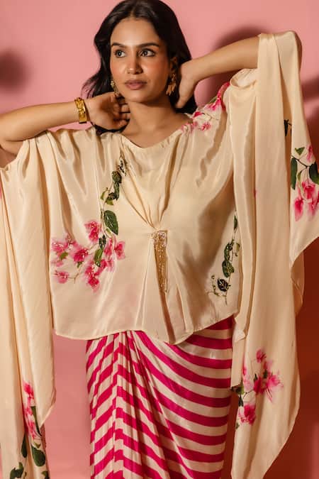 Shop_Meher By Islie_Pink Crepe Round Neck Printed And Cream Skirt Set _Online_at_Aza_Fashions