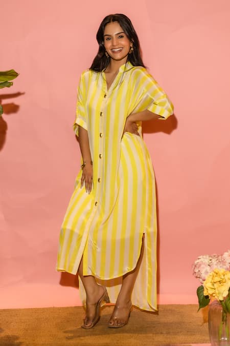 Meher By Islie Yellow Crepe Collared Striped Designer Dress 