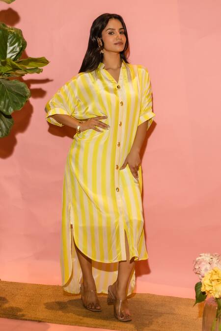 Buy_Meher By Islie_Yellow Crepe Collared Striped Designer Dress _Online_at_Aza_Fashions