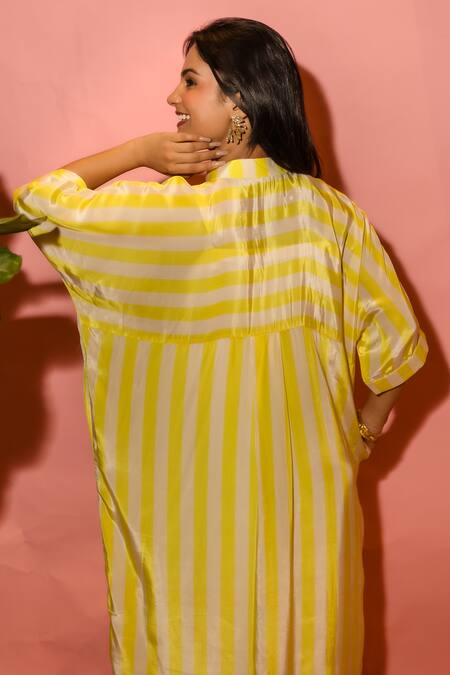 Shop_Meher By Islie_Yellow Crepe Collared Striped Designer Dress _Online_at_Aza_Fashions