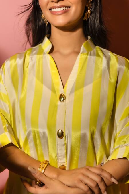 Meher By Islie_Yellow Crepe Collared Striped Designer Dress _at_Aza_Fashions