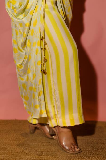 Meher By Islie_Yellow Crepe Tassels Round Neck Printed Kaftan And Pant Set _Online_at_Aza_Fashions