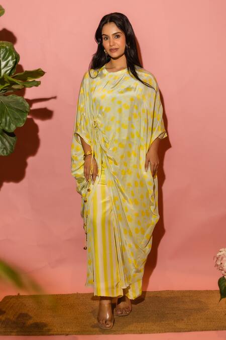 Buy_Meher By Islie_Yellow Crepe Tassels Round Neck Printed Kaftan And Pant Set _Online_at_Aza_Fashions