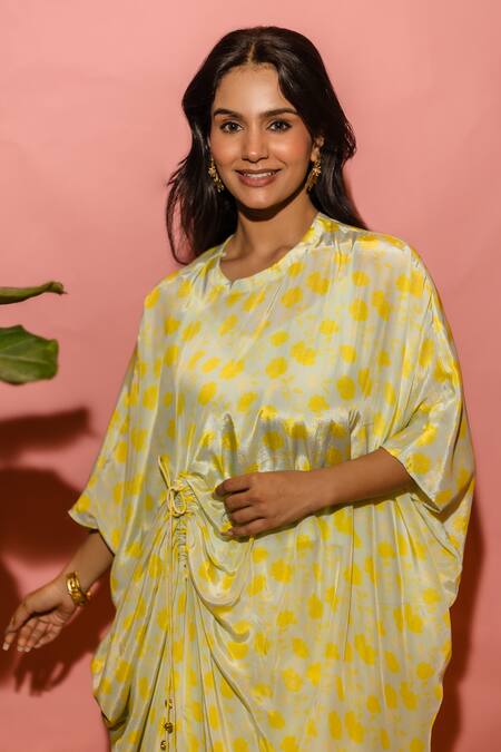 Shop_Meher By Islie_Yellow Crepe Tassels Round Neck Printed Kaftan And Pant Set _Online_at_Aza_Fashions