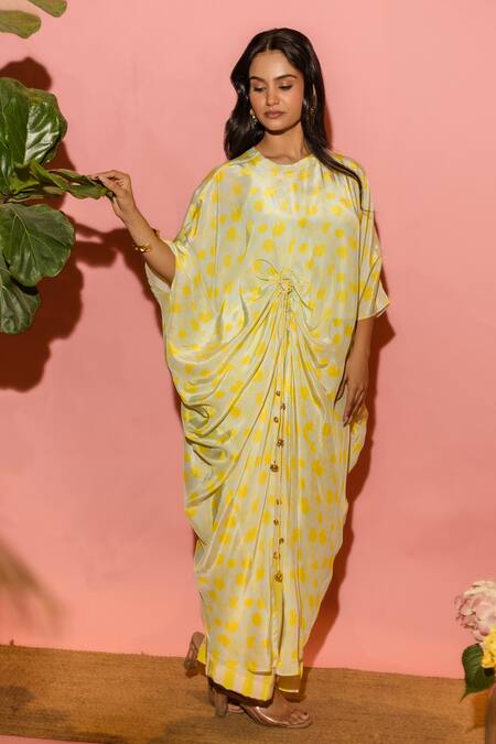Meher By Islie_Yellow Crepe Tassels Round Neck Printed Kaftan And Pant Set _at_Aza_Fashions