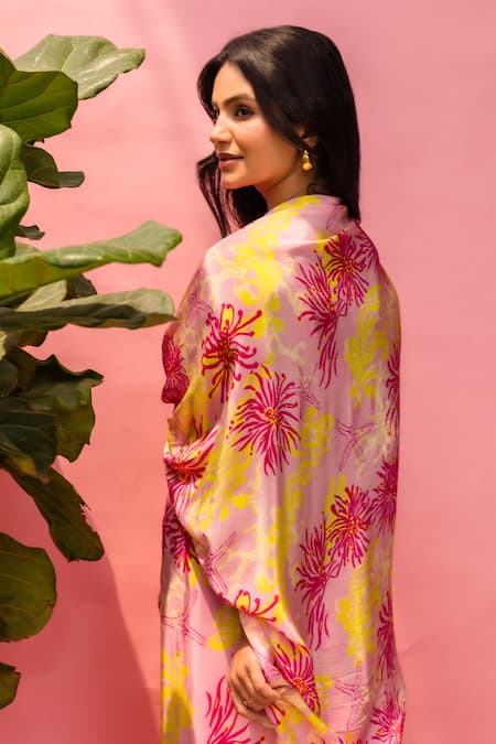 Meher By Islie_Pink Crepe Tassels V-neck Printed Designer Dress With _Online_at_Aza_Fashions