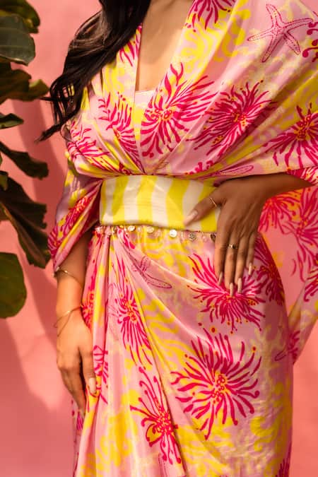 Meher By Islie_Pink Crepe Tassels V-neck Printed Designer Dress With _at_Aza_Fashions