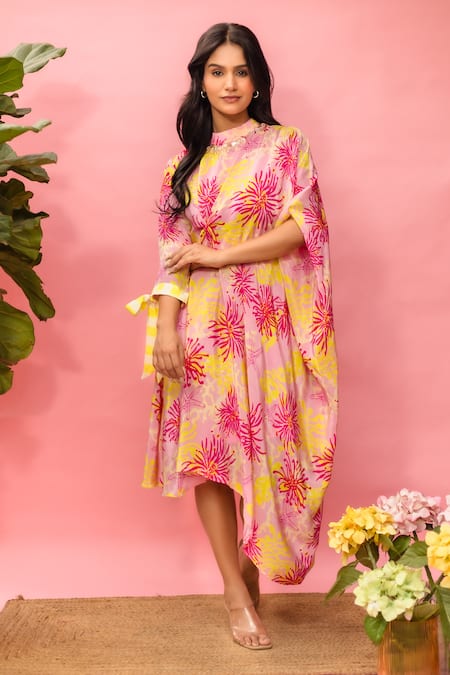 Meher By Islie Pink Crepe Tassels High Neck Asymmetric Printed Dress 