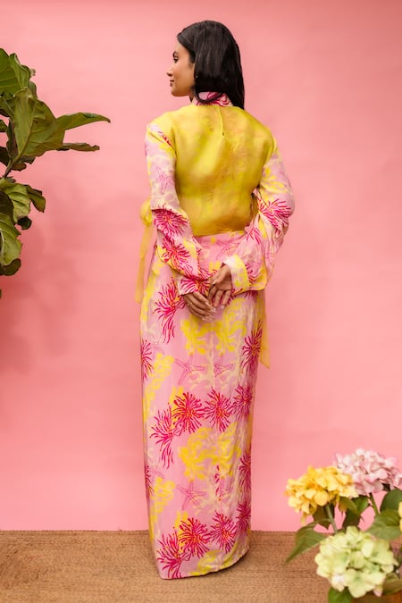 Meher By Islie Printed Pink & Yellow Skirt Set 