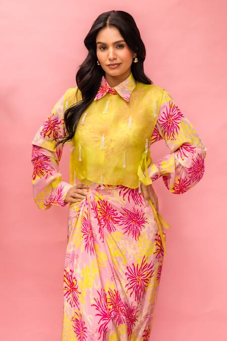 Meher By Islie_Pink Crepe Tassels Collared Printed And Yellow Skirt Set _Online_at_Aza_Fashions