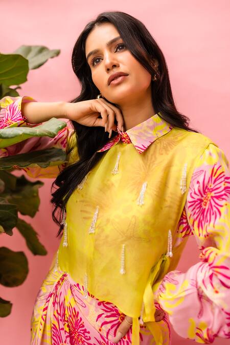 Buy_Meher By Islie_Pink Crepe Tassels Collared Printed And Yellow Skirt Set _Online_at_Aza_Fashions