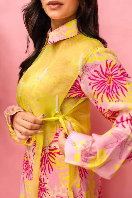 Shop_Meher By Islie_Pink Crepe Tassels Collared Printed And Yellow Skirt Set _Online_at_Aza_Fashions