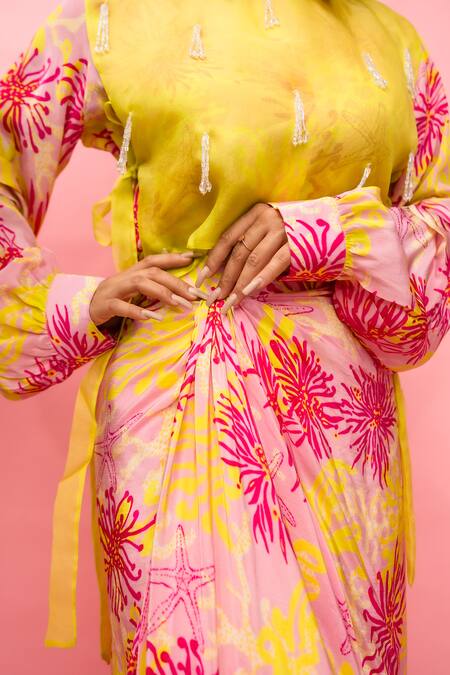 Meher By Islie_Pink Crepe Tassels Collared Printed And Yellow Skirt Set _at_Aza_Fashions