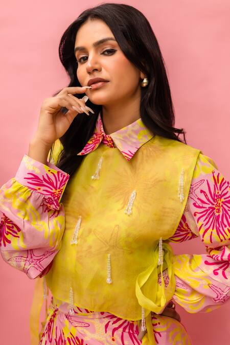 Shop_Meher By Islie_Pink Crepe Tassels Collared Printed And Yellow Skirt Set 
