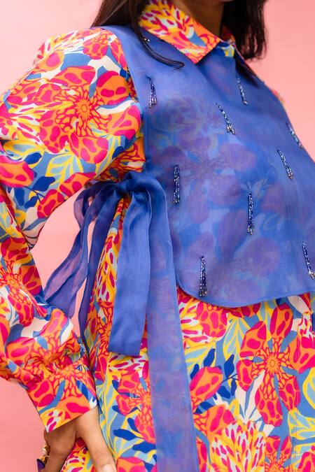 Buy_Meher By Islie_Multi Color Crepe Tassels Collared, Round Neck Printed Pant Set With Cape 