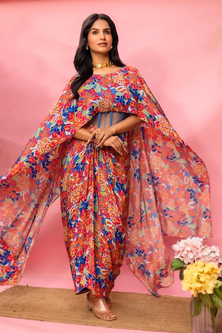 Meher By Islie Multi Color Crepe, Net Tassels Round Neck Printed Dress 