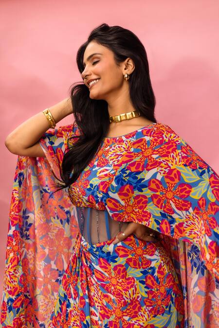 Meher By Islie_Multi Color Crepe, Net Tassels Round Neck Printed Dress _Online_at_Aza_Fashions