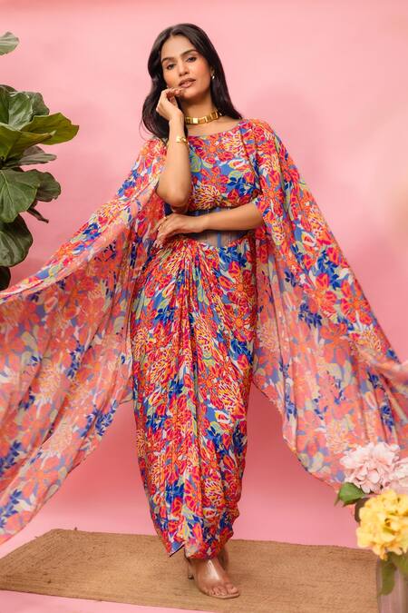 Buy_Meher By Islie_Multi Color Crepe, Net Tassels Round Neck Printed Dress _Online_at_Aza_Fashions