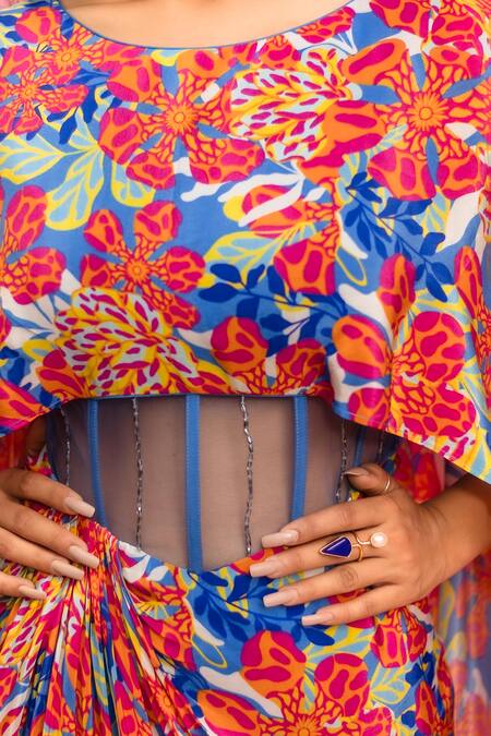 Shop_Meher By Islie_Multi Color Crepe, Net Tassels Round Neck Printed Dress _Online_at_Aza_Fashions