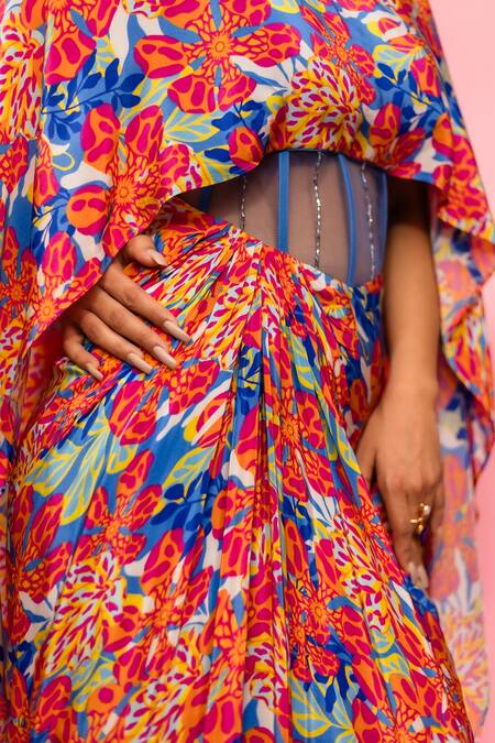 Meher By Islie_Multi Color Crepe, Net Tassels Round Neck Printed Dress _at_Aza_Fashions